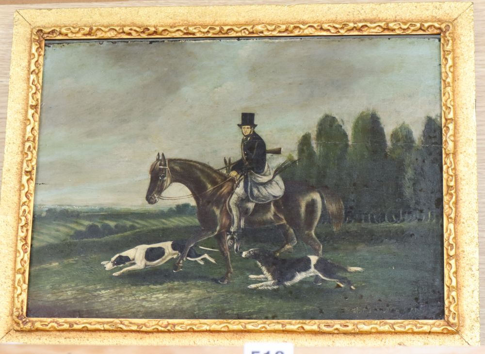 James Clark (1812-1884), oil on wooden panel, Sportsman on horseback with hounds in a landscape, signed and dated 1856, 26 x 37cm